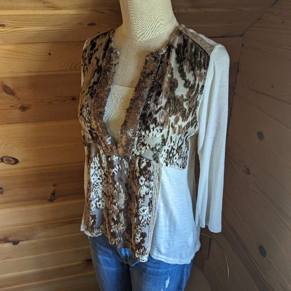 Anthropologie TINY Cream Silk Blend Top w/ Brown Velvet and Sequin Embellishment
